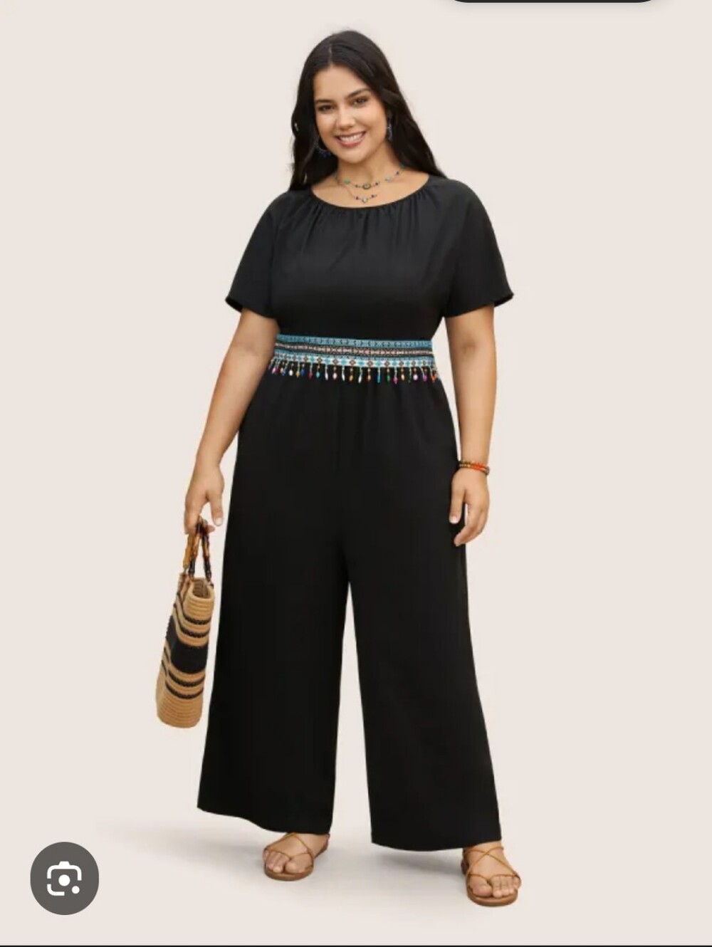 BloomChic Plus Size 18/20: Embroidered Beaded Waist Black Wide-Leg Jumpsuit